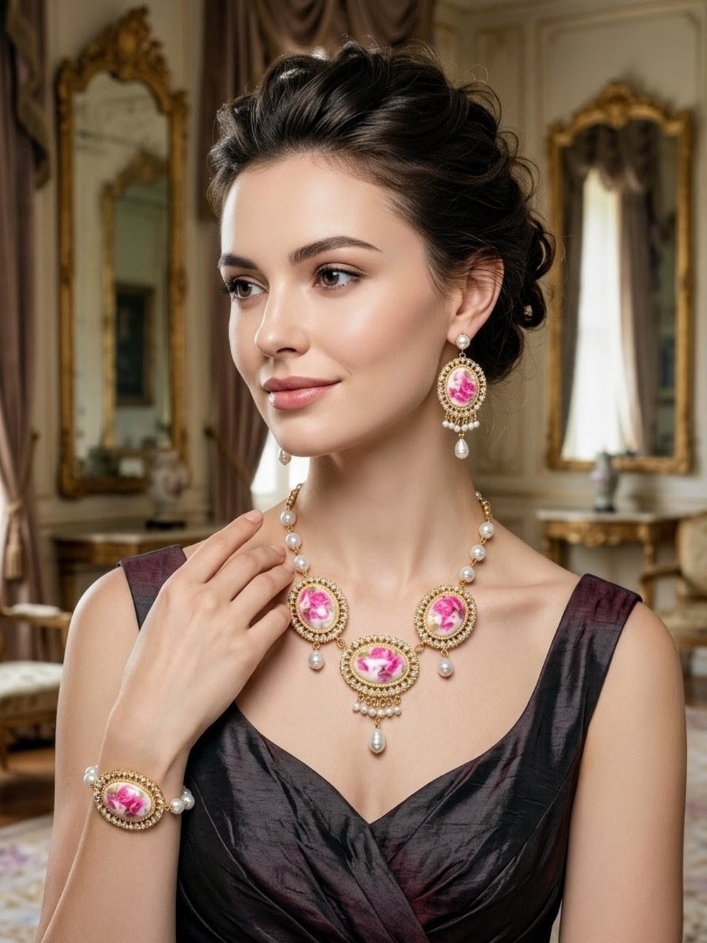 Victorian Rose Gold - Tone Pearl Necklace Earrings Bracelet Jewelry Set - Picture 8 of 8